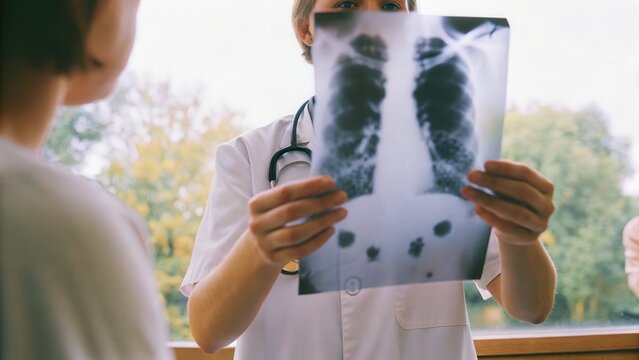 Doctor discusses x-ray results with patient hospital medical consultation indoor close-up loveconnected