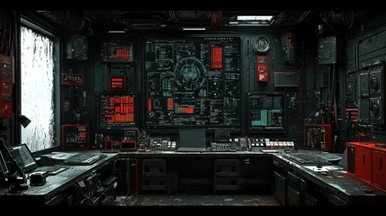 Futuristic control room, monitoring systems, rainy window, cyberpunk background; Sci-fi film scene