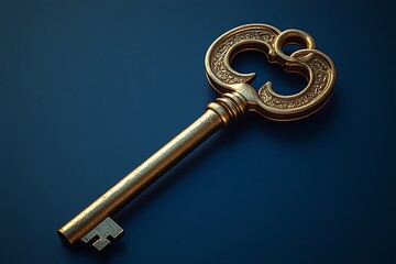 An old key reflecting in a blue background.
