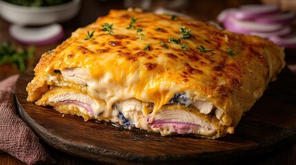 A gourmet Chicken Cordon Bleu served on a rustic wooden plate, the cheese perfectly melted and oozing out as sliced 
