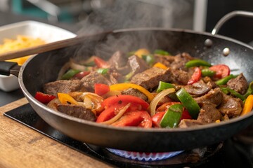 Deliciously Vibrant Stir-fried Beef and Veggies Cooking on a Stovetop