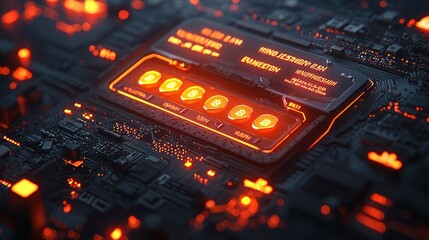 Futuristic CPU processing data; glowing interface; circuit board background; tech concept