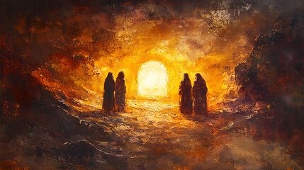 A dramatic depiction of three astonished women around the open tomb of Jesus, glowing light emphasizing the empty robes inside, mist swirling through the ancient terrain,