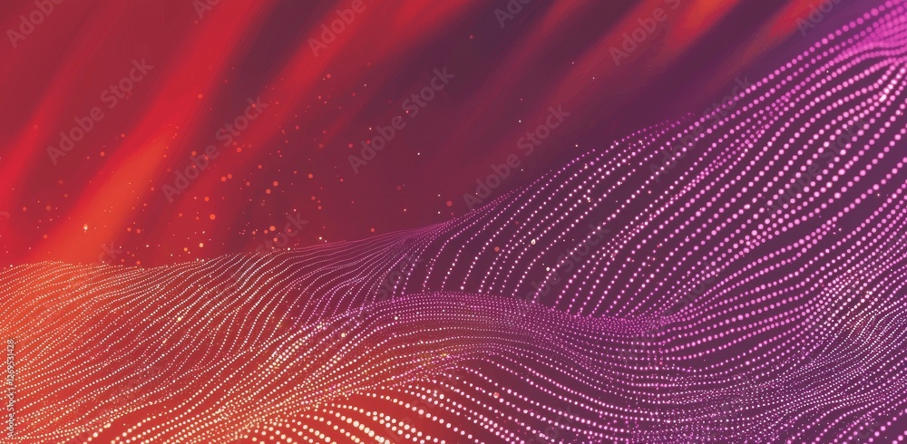 Poster abstract digital waves with flowing lines and particles in red and purple tones for backgrounds or d