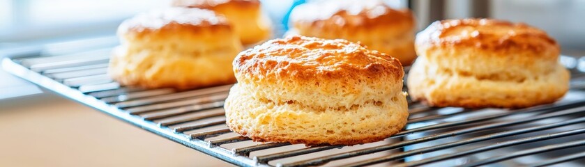 Freshly baked scones cooling on a wire rack.