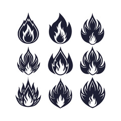A collection of fire icons featuring flame and fire symbols. Includes conceptual fire flame designs, bonfire silhouette logos, and a set of flat-style flame illustrations.