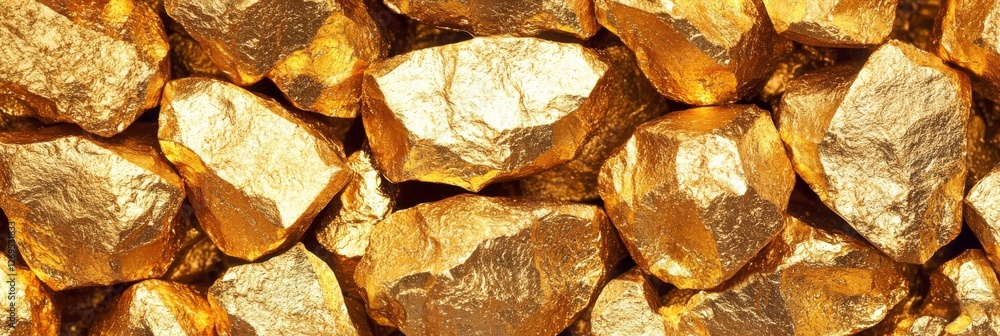 Poster close-up of gleaming gold rocks with natural textures and irregular shapes in a soft light setting