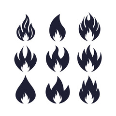 A collection of fire icons featuring flame and fire symbols. Includes conceptual fire flame designs, bonfire silhouette logos, and a set of flat-style flame illustrations.