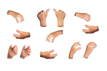 Set of elderly female hands in various grasping and holding gestures, including pinching, gripping,...