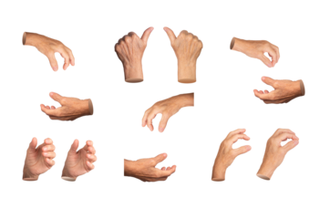 Set of elderly female hands in various grasping and holding gestures, including pinching, gripping, and offering. Wrinkled fingers emphasizing age and expression. Isolated on white background.