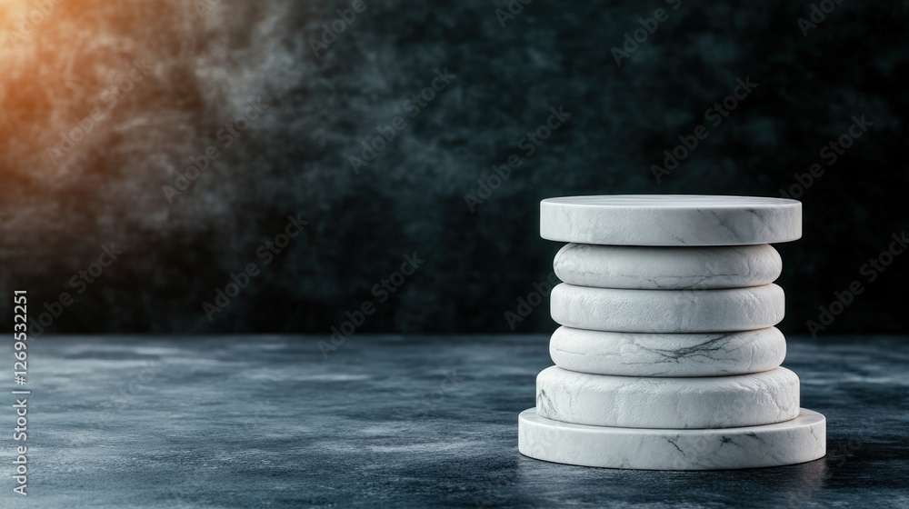 Aufkleber stack of marble blocks on a table with isolated pedestal in dramatic dark background