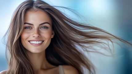 Fototapeta premium Happy Brunette Woman with Silky, Straight Hair and Healthy Ends, Natural Beauty Portrait with Fluttering Hair, Casual and Elegant Look, Light Background.