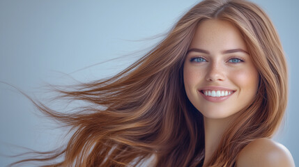 Fototapeta premium Happy Redhead Woman with Silky, Straight and Wavy Hair, Healthy Ends and Fluttering Strands, Natural Beauty Portrait, Elegant and Stylish Look, Light Background.