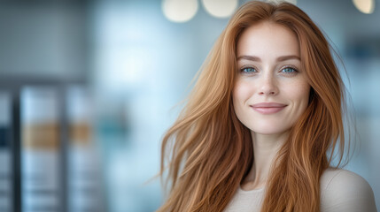 Happy Redhead Woman with Silky, Straight and Wavy Hair, Healthy Ends and Fluttering Strands, Natural Beauty Portrait, Elegant and Stylish Look, Light Background.