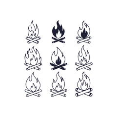 A collection of fire icons featuring flame and fire symbols. Includes conceptual fire flame designs, bonfire silhouette logos, and a set of flat-style flame illustrations.