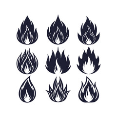 A collection of fire icons featuring flame and fire symbols. Includes conceptual fire flame designs, bonfire silhouette logos, and a set of flat-style flame illustrations.