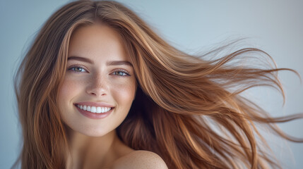 Fototapeta premium Happy Redhead Woman with Silky, Straight and Wavy Hair, Healthy Ends and Fluttering Strands, Natural Beauty Portrait, Elegant and Stylish Look, Light Background.