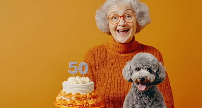 Smiling mature woman blowing candle on festive birthday cake, holding playful white poodle during milestone celebration