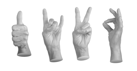 Set of elderly female hands making various approval gestures, including thumbs up and OK sign. Wrinkled fingers emphasizing age, positivity, and agreement. Isolated on white background.