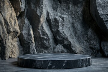 Dark granite rock backdrop with circular marble pedestal