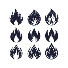 Collection of fire icons featuring various flame symbols. Conceptual fire designs, including bonfire silhouettes and flat-style flame symbols. A versatile set of fire-themed icons.