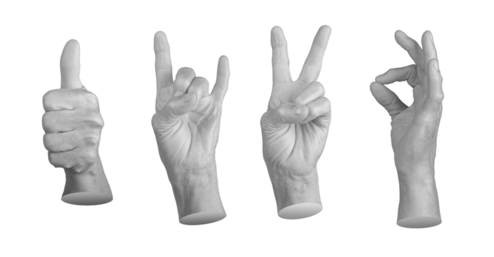 Set of elderly female hands making various approval gestures, including thumbs up and OK sign. Wrinkled fingers emphasizing age, positivity, and agreement. Isolated on white background.