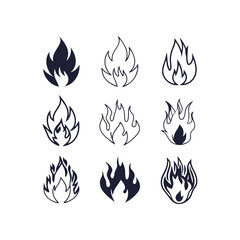 Collection of fire icons featuring various flame symbols. Conceptual fire designs, including bonfire silhouettes and flat-style flame symbols. A versatile set of fire-themed icons.