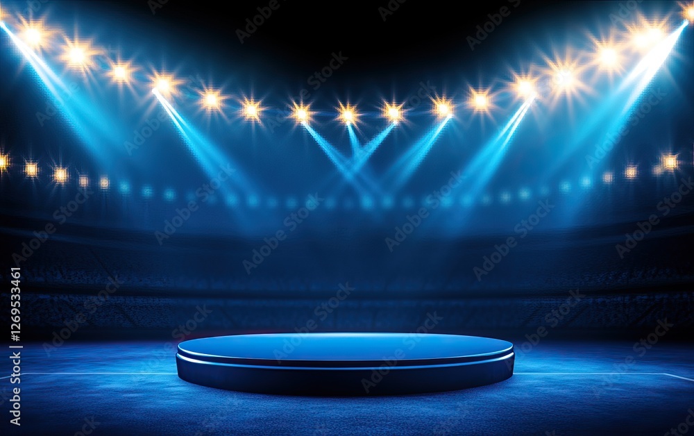 Poster a spotlighted stage with a circular platform and blue lighting, creating an inviting atmosphere for 