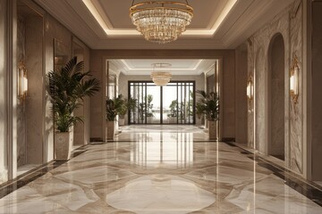 Grand entryway with a luxury chandelier and marble floors