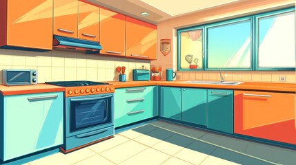 Fototapeta premium Sunny kitchen interior, cooking appliances, bright window, daytime scene, home design