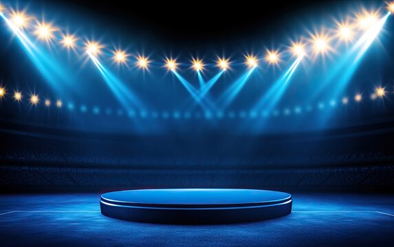 A spotlighted stage with a circular platform and blue lighting, creating an inviting atmosphere for performances.