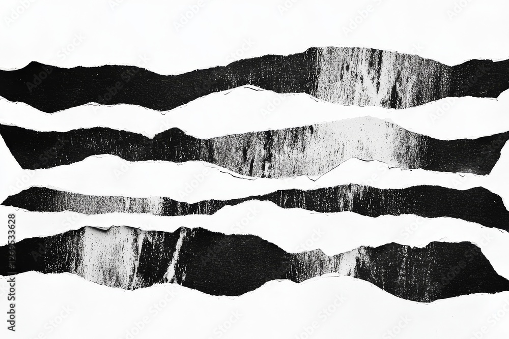 Poster abstract black and white torn paper strips creating a modern textured design suitable for background