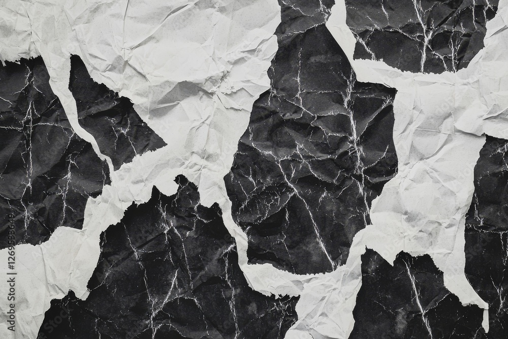 Poster black and white crumpled paper texture background with organic patterns and unique creases for creat