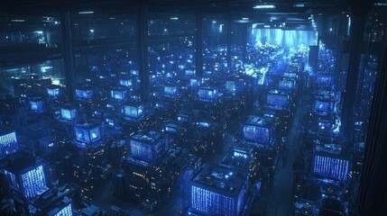 Futuristic data center, server farm, digital city, night, glowing screens, tech background, for sci-fi film