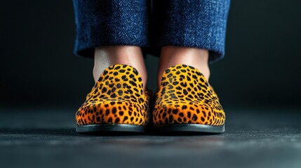 Woman wearing leopard print shoes with feet positioned stylishly on a textured surface