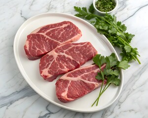 Fototapeta premium raw marbled beef steaks with fresh parsley garnish on marble countertop