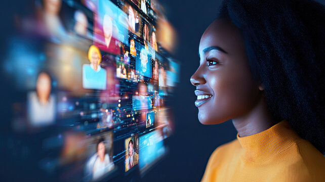 Smiling woman engaging with futuristic digital interface - Powered by Adobe