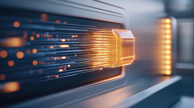 Futuristic data transfer with glowing orange light trails - Powered by Adobe