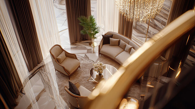 Luxurious earth tone living room with high ceiling elegance