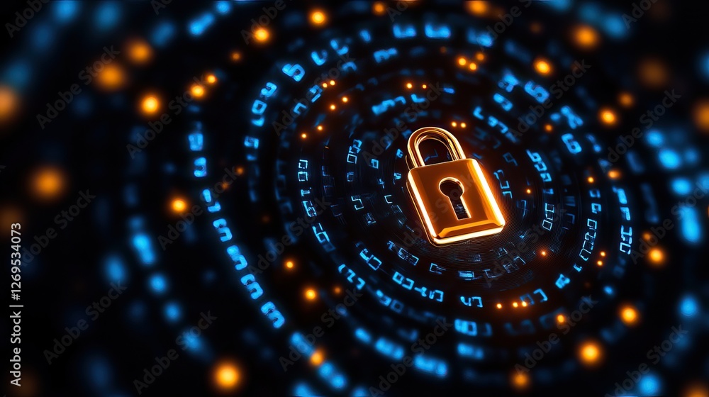 Poster a glowing padlock surrounded by swirling digital data, symbolizing cybersecurity and data protection