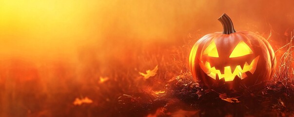 Naklejka premium Halloween pumpkin glowing in a spooky forest at sunset