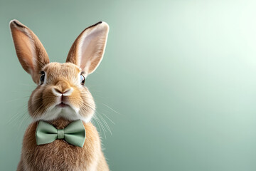 Obraz premium Charming rabbit wearing a green bowtie against pastel green background