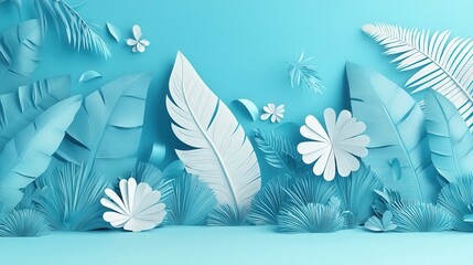 Stylish Cyan Background with Paper Art of Feathers and Floral Shapes