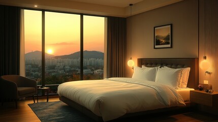 Sunset view luxury bedroom hotel room interior design