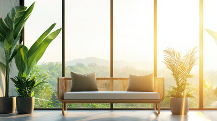 serene living room with tropical plants and natural sunlight