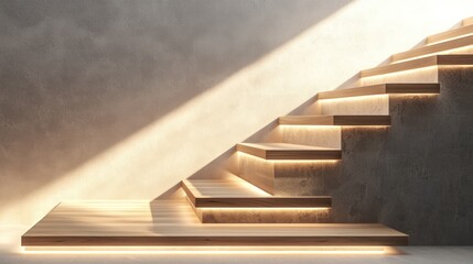 Japandi floating stairs with wooden treads and soft indirect lighting