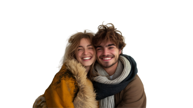 Happy Couple in Winter Warm Fashion, Joyful Love Portrait for Cozy Themes, isolated on transparent background.