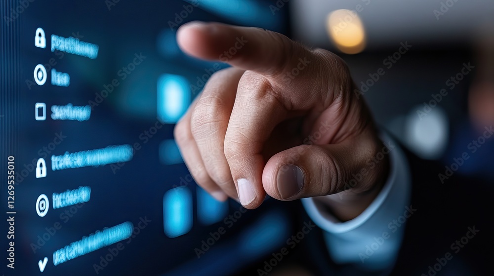 Poster a close-up of a hand interacting with a touchscreen, showcasing digital icons and settings in a mode