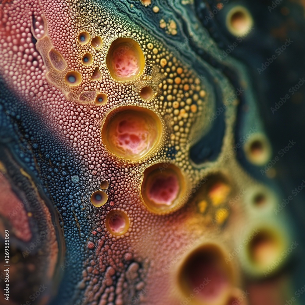 Poster microscopic texture of bacteria close-up science lab abstract art colorful background detailed persp