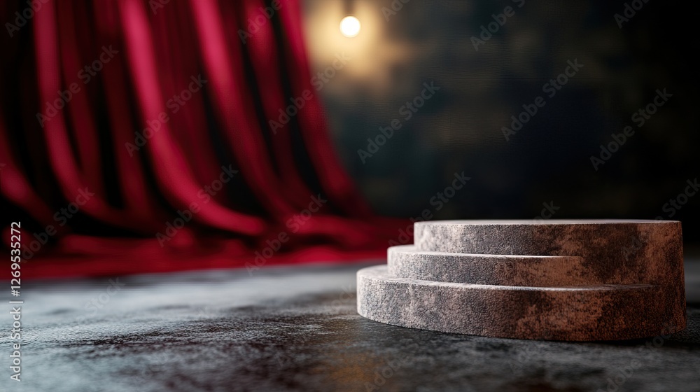 Poster a close-up of a stone-like podium with a red curtain backdrop, creating a dramatic stage setting.